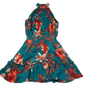 Sweet Lemon floral tropical halter dress. Teal orange. Size S. Mini dress.